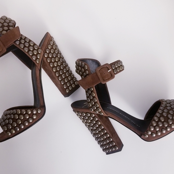 GIUSEPPE ZANOTTI STUDDED ANKLE-WRAP CHUNKY HEEL SANDAL, MILITARE - Picture 9 of 14